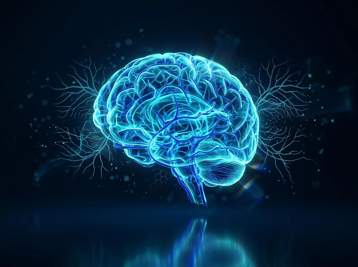Glowing blue brain with branching neural connections