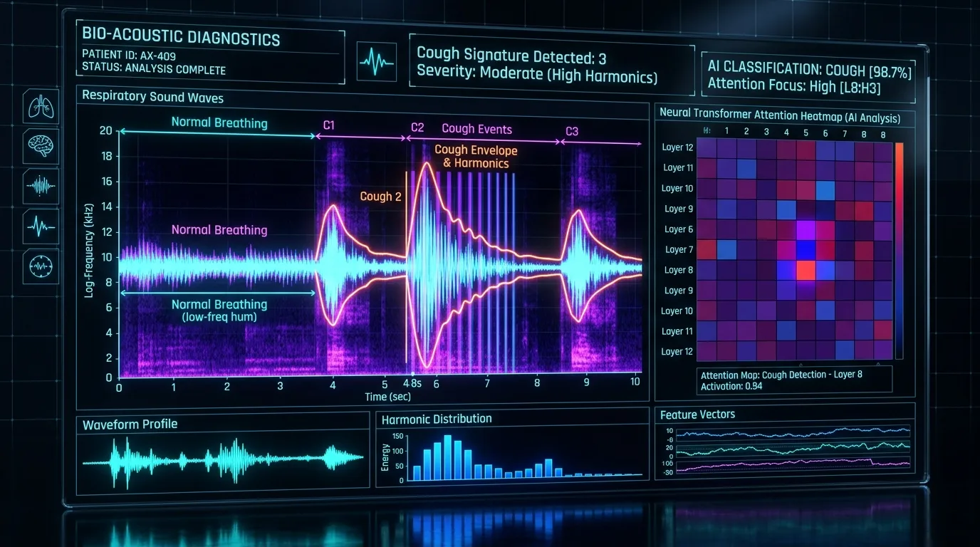 Respiratory audio waveforms and a colour-coded frequency spectrogram
