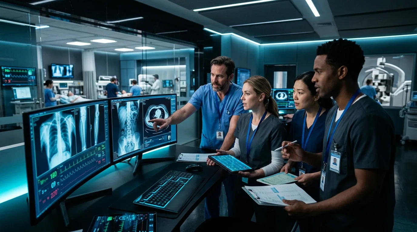 Clinicians reviewing chest scans together at a workstation