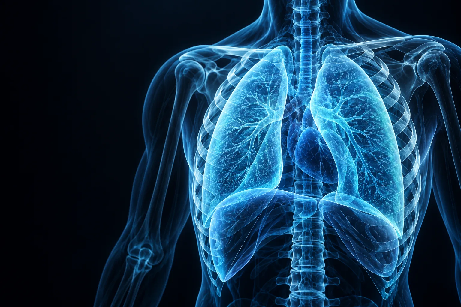 Blue 3D view of the lungs and rib cage