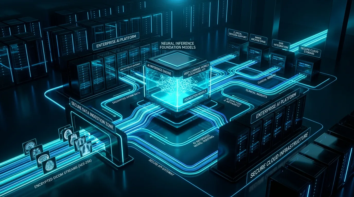 Connected processors and data pathways representing the planned medical AI platform