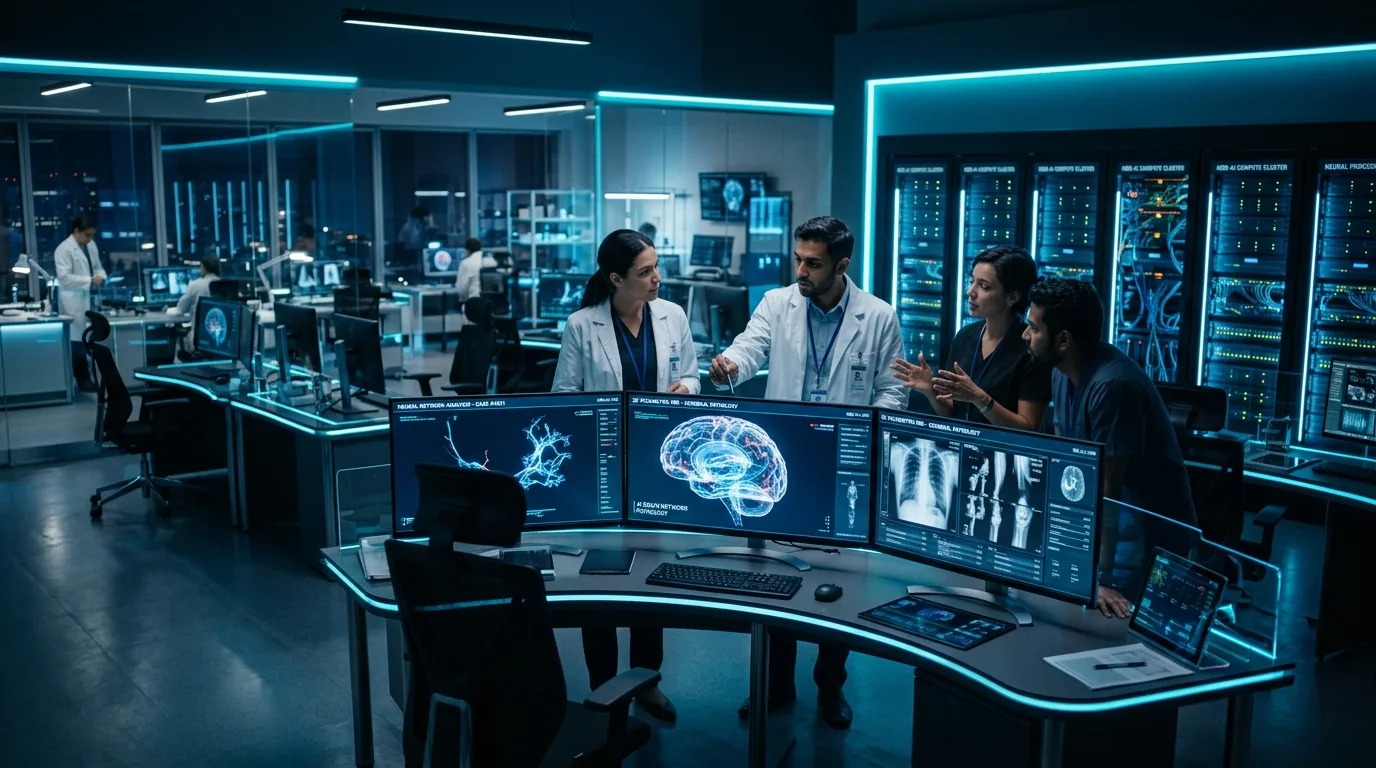 Medical research workspace with brain scans on digital displays