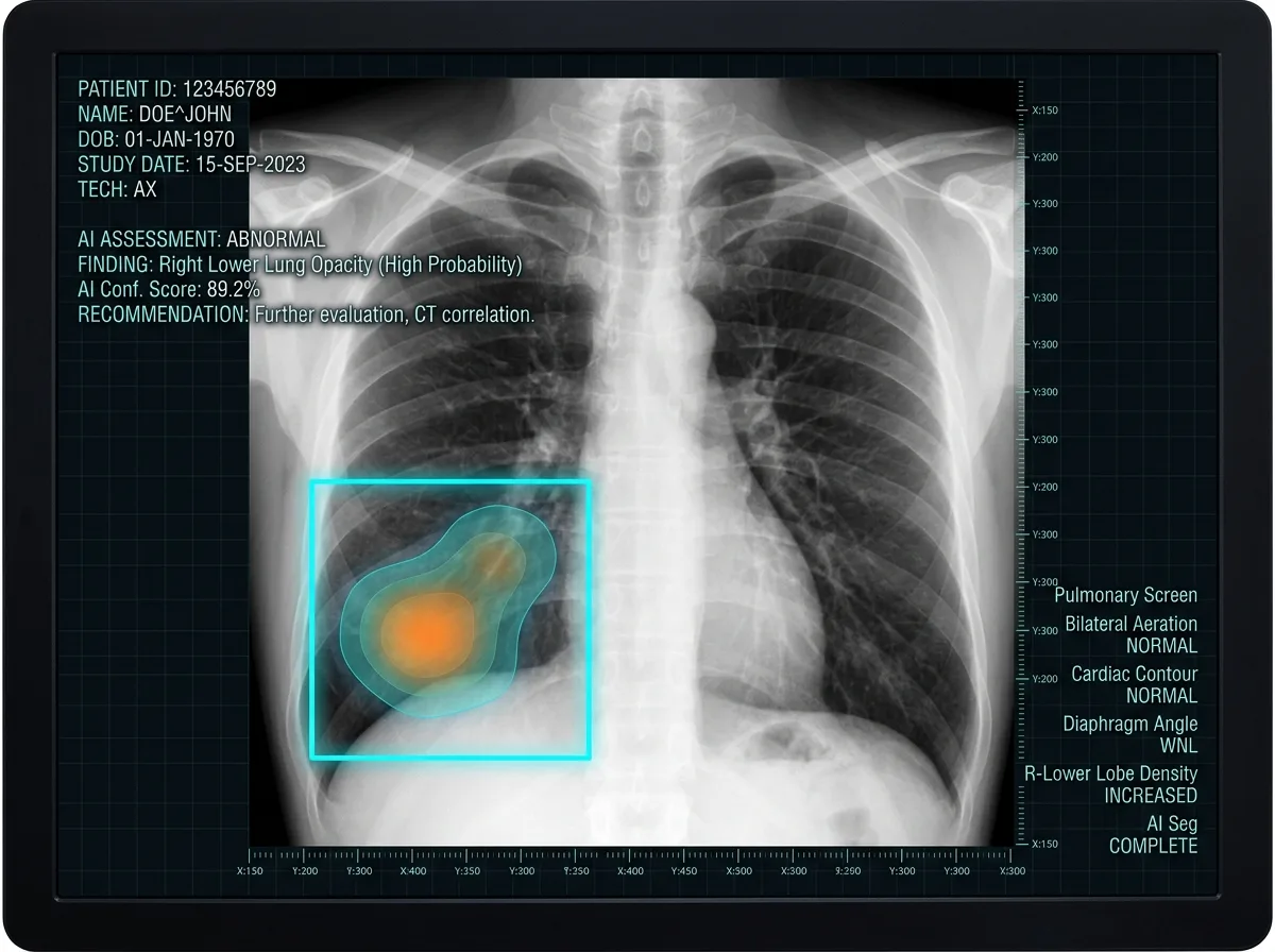 Chest X-ray example with a highlighted lung region and attention heatmap
