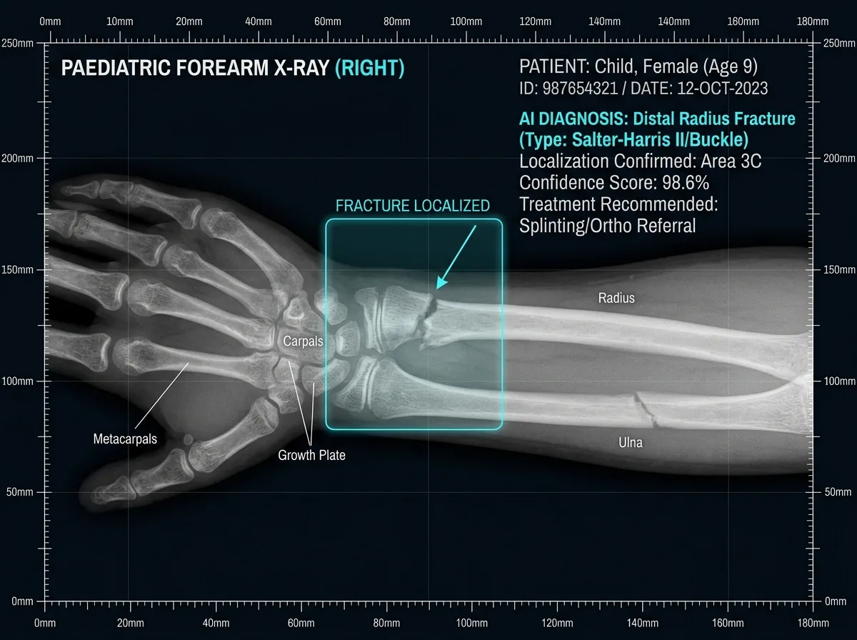 Wrist and forearm X-ray example with a highlighted region near the distal radius