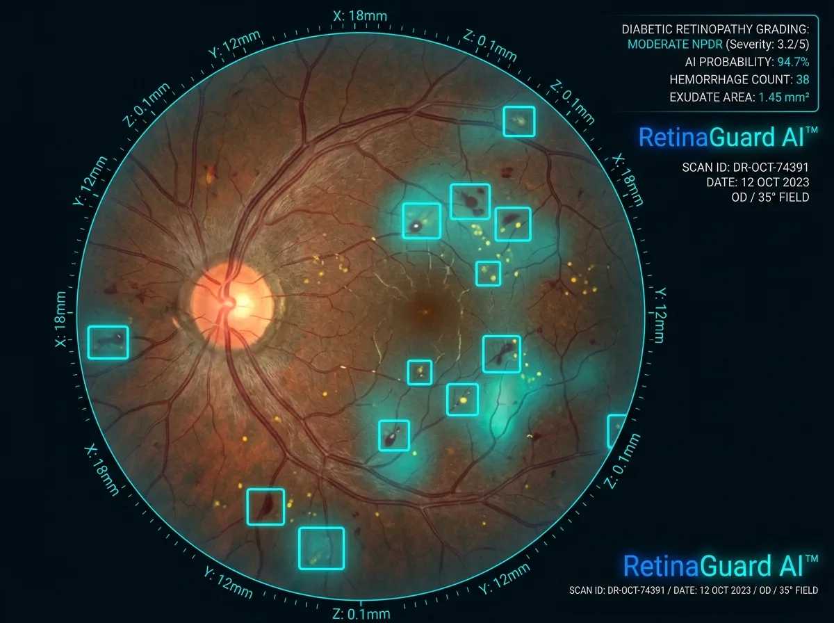 Retinal fundus image with marked regions for closer review